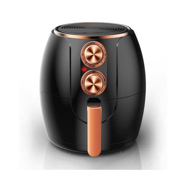 Brentwood 3.2-Quart Electric Air Fryer in black with copper-tone handle and dual control dials for temperature and 30-minute timer, compact rounded small appliance with removable non-stick fry basket, designed for fast, even cooking using little or no oil.