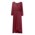 thumbnail image 4 of Robes Grande Taille en Chiffon Col en V Manches Longues Plissées Robe Maxi Mi-Longue Vin S, 4 of 5