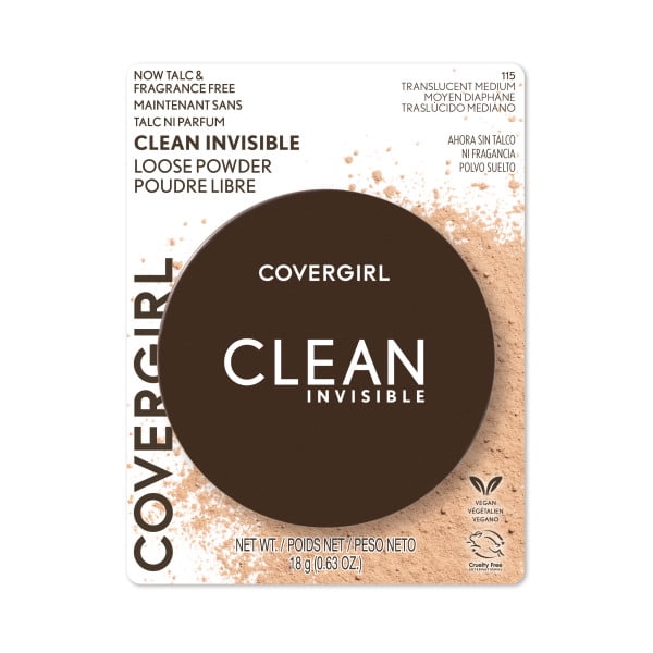 COVERGIRL Clean Invisible Loose Powder in translucent medium shade, talc and fragrance free with 100% natural origin pigments, lightweight breathable formula, vegan and cruelty-free certified, in a round dark brown container on white backing with powder dusting, net weight 18 g (0.63 oz).