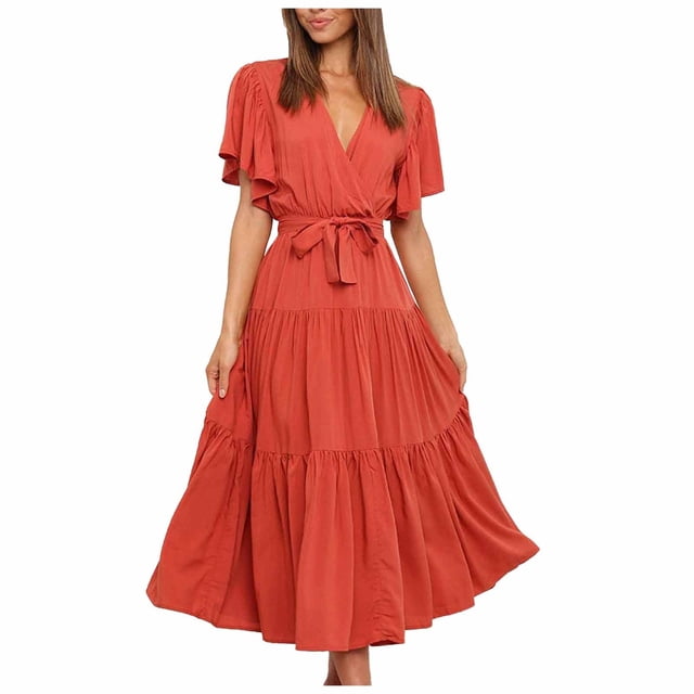 Birdeem Robe Décontractée Mode Femme Couleur Unie Col en V à Lacets Manches Évasées Robe à Empiècements