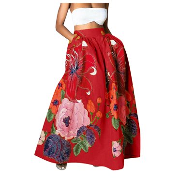 Clearance! Baberdicy Womens High Waist Floral Print Skirts Beach Midi Long Skirt with Pockets, Pink