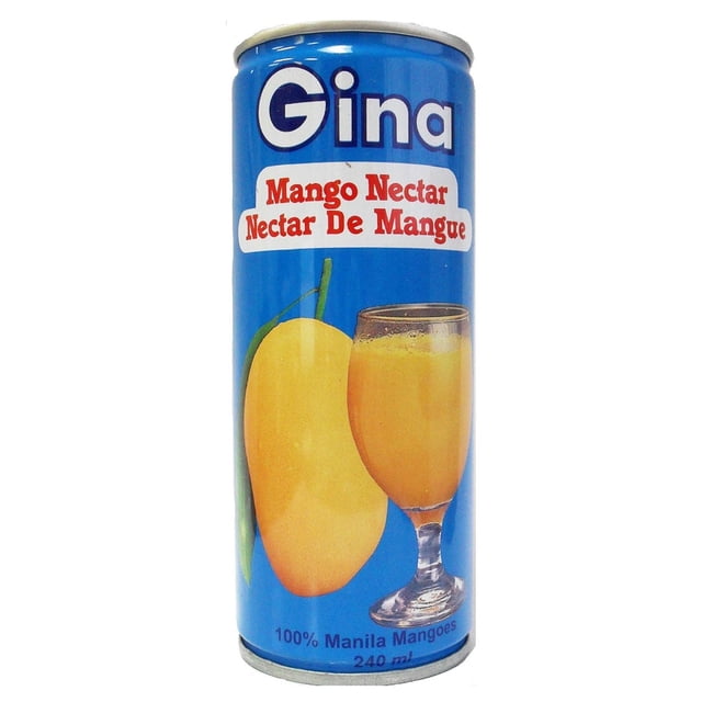 Gina Mango Nectar 240ml can with blue background featuring a yellow Manila mango and a glass of smooth mango juice made from real mango puree, rich in vitamin C, free from artificial colors and preservatives, ideal for refreshing tropical drinks or mixers.