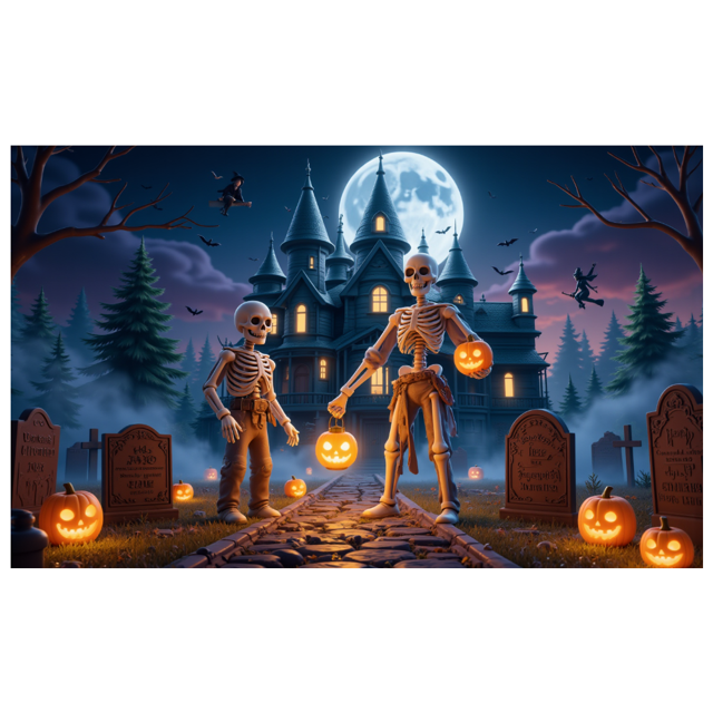 Spooky Scene Halloween Banner Gothic Theme Pumpkin Lantern Skeleton Design Cemetery Setting for Halloween Party Event Decor