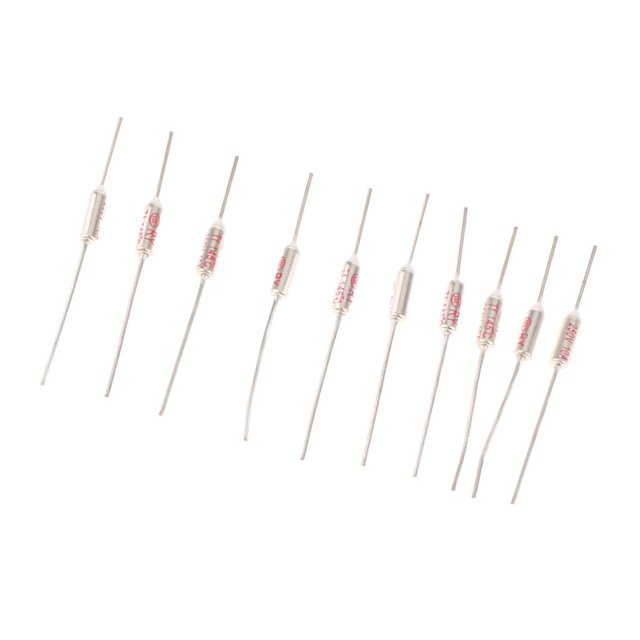 10 Pcs Thermal Fuse Cutoff TF 145℃ 250V 10A, featuring a compact cylindrical design with hermetic seal structure for durability and reliability. These fuses are rated for 10A current and 250V voltage, with a cutoff temperature of 145℃. Suitable for protecting household appliances like coffee makers, rice cookers, and hair dryers, as well as industrial equipment. Each fuse measures approximately 6.4 cm in length.