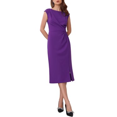 INSPIRE CHIC Robe Fourreau Formelle pour Femme, Encolure Bateau Froncée, Manches Courtes à Cap, Élégante, pour le Travail et le Bureau, 2TG, Violet
