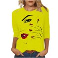 thumbnail image 1 of Penkiiy Hauts pour Femmes Mode Femmes T-shirt Imprimé Mi-Long Manches 3/4 Blouse Col Rond Hauts Décontractés Jaune Vêtements Y2K, 1 of 4
