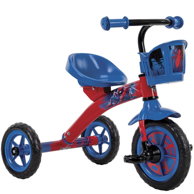 Marvel Spider-Man Boys' Tricycle by Huffy in red with blue accents, featuring a durable steel frame with Spider-Man graphics, stable three-wheel design with 10-inch front and 8-inch rear EVA plastic wheels, a blue bucket seat, comfortable grips, and a front handlebar bin with Spider-Man decoration, ideal for children aged 3 and older.
