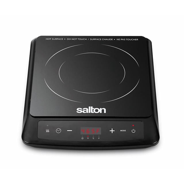 Salton Portable Induction Cooktop ID2113 with black crystal glass top and circular cooking zone markings, touch-sensitive controls including power, mode, temperature adjustment, and LED display showing 465°F, offering energy-efficient, precise, and safe cooking.