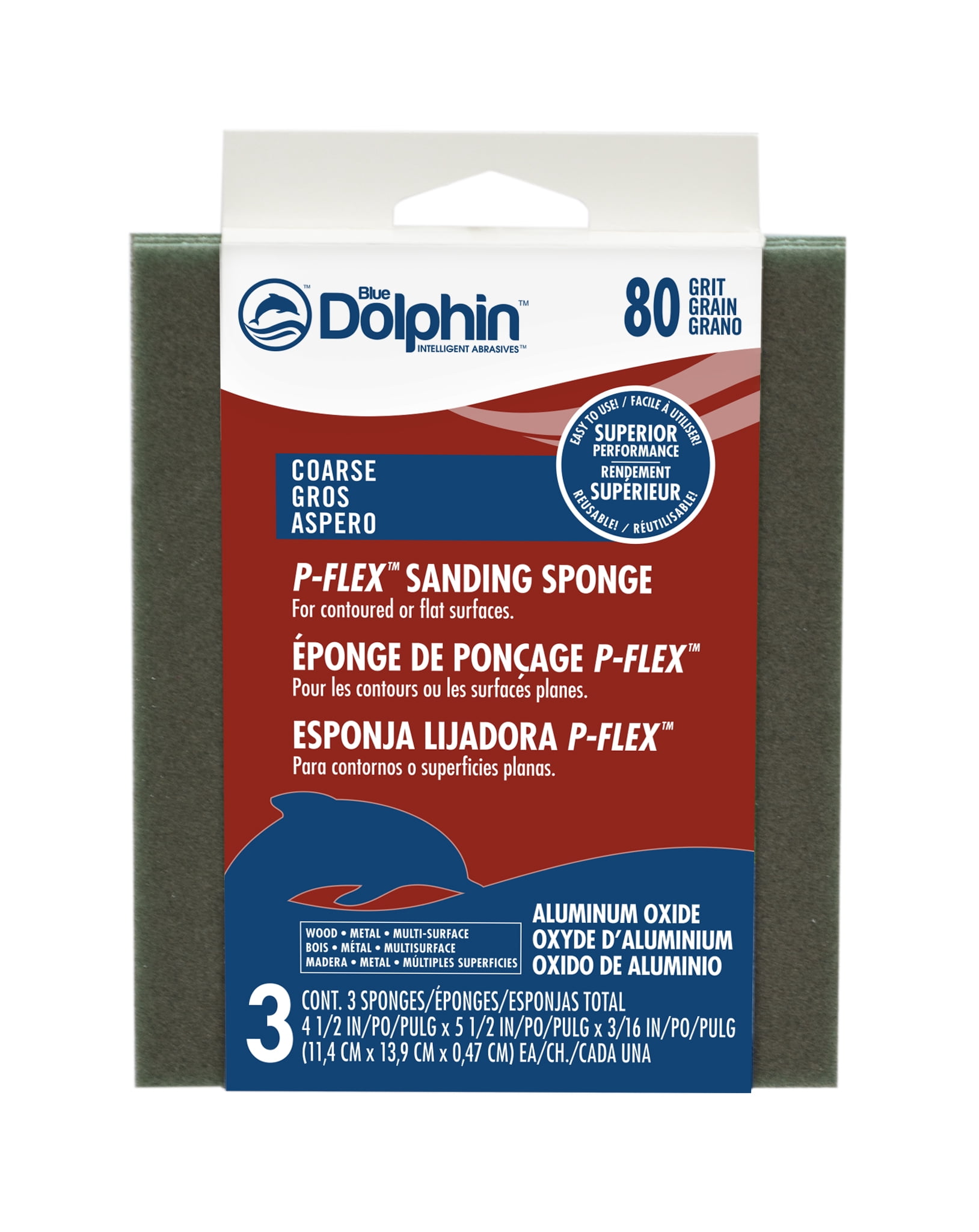 Tampon abrasif P-Flex Blue Dolphin grain 80 (4 1/2po x 5 1/2po) 3/16po Épaisseur (3 Pièces)