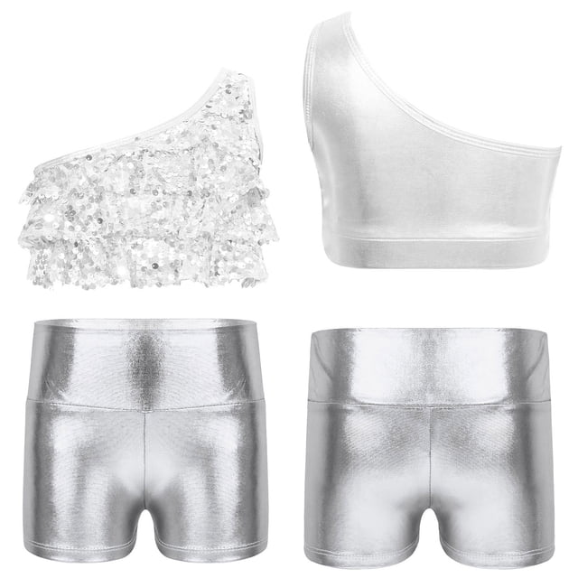 Oyolan Big Girls Gymnastic Workout Set 2PCS Crop Tops with Shorts 4-16 Years Sequins Dance Outfit Silver 16