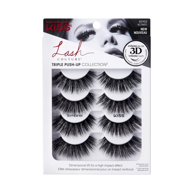 KISS Lash Couture Triple Push-Up Collection Bombshell 4 pairs of black strip false eyelashes with 3D volume, eye-lifting curls, and multi-angle lash design for dimensional lift and high-impact glam in white retail packaging, suitable for layering to enhance lash volume.