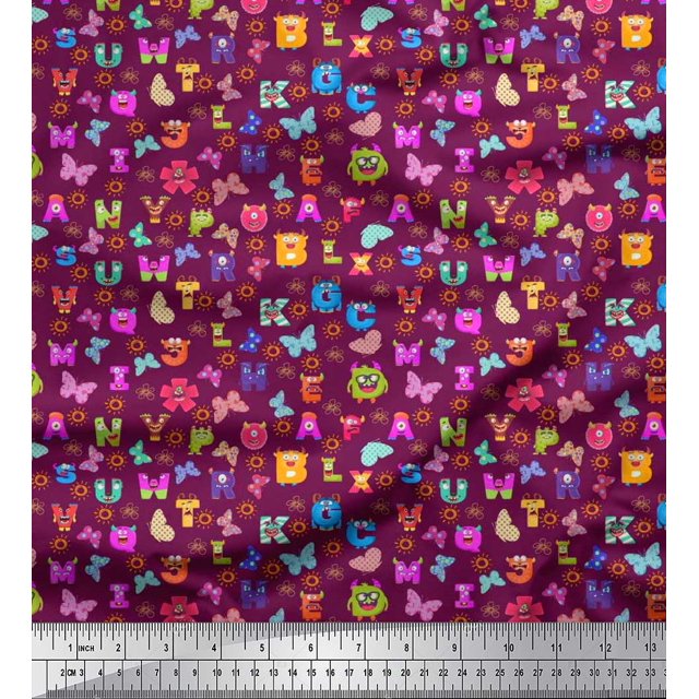 Soimoi Pink Rayon Fabric Insect,Sun & Cartoon Alphabets Text Printed Craft Fabric by The Yard 42 Inch Wide