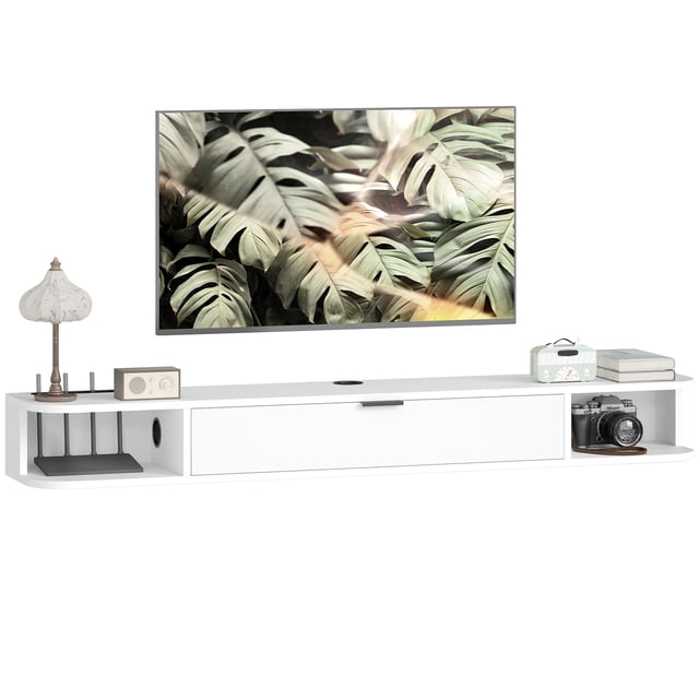 HOMCOM 55-inch floating TV stand, wall-mounted media console in white with a flip drawer and two open shelves for storage. Includes a cable hole for wire management and accommodates TVs up to 60 inches. Made of durable particleboard with a sleek modern finish, ideal for organizing entertainment spaces.