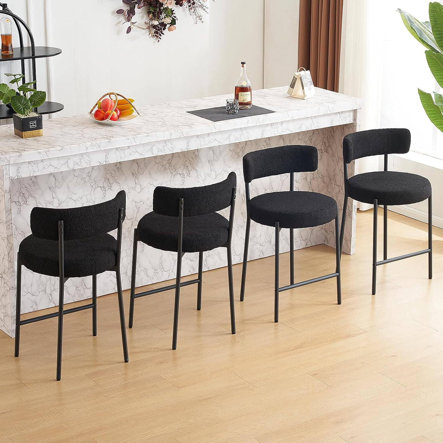 Furnilivng 24'' Bar Stools Set of 4, Modern Boucle Counter Height Bar Stools with Curved Back and Black Metal Frame, Upholstered Kitchen Stools, Barstools for Kitchen Island, Bar, Dining Room, Black