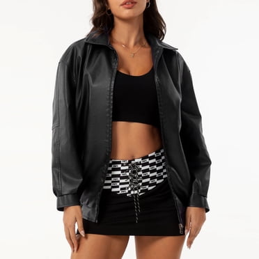 Amzcrzy Veste en Cuir Femme Mode Femme Couleur Unie à Manches Longues Col Rabattu Fermeture Éclair Sans Capuche Poche Veste en Cuir Vestes pour Femmes Hauts à Manches Longues pour Femmes Veste pour Femme Vêtements pour Femmes