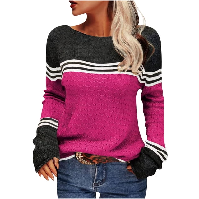 EGNMCR Chandail à Col Rond pour Femmes, Chandail pour Femmes Chandail à Rayures Assorti en Couleurs pour Femmes Chandail pour Femmes