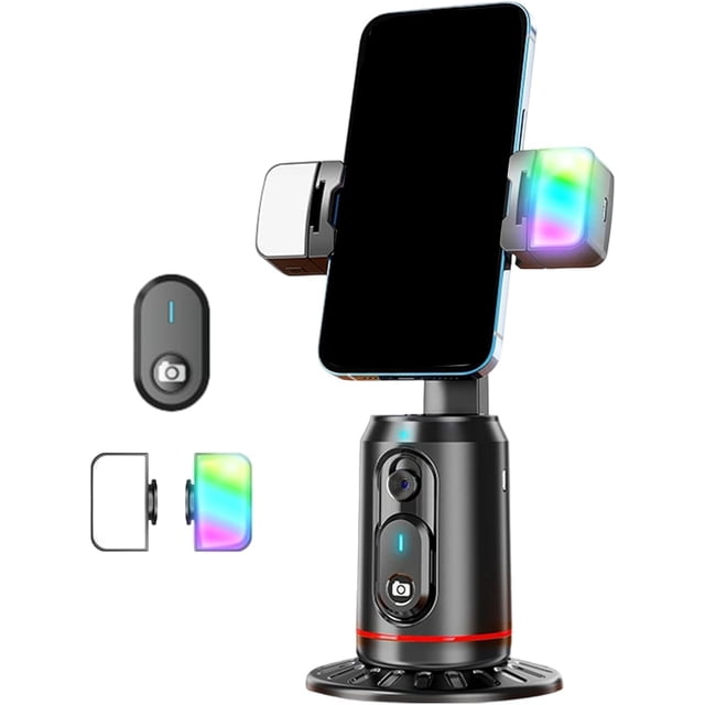 Built-in AI Camera Smart Auto-Tracking Phone Stand,Tripod for Face & Body, 360° Rotation with Gesture Control for Video Vlogging (Remote Control + Charging Cable + Fill Light)