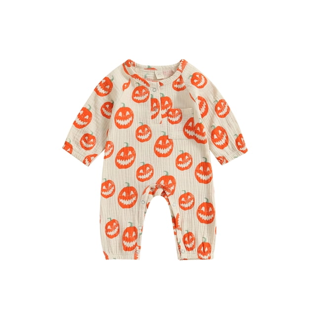 SUNSIOM Baby Boys Rompers Halloween Clothes Pumpkin Print Crew Neck Long Sleeve Infant Jumpsuits Fall Bodysuits