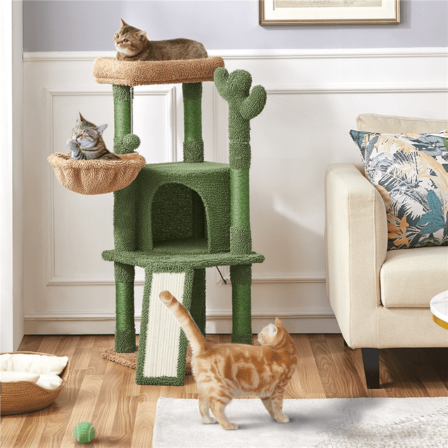 Yaheetech 42 Inch Cactus Cat Tree with Tall Scratching Posts in green and brown, featuring a playful cactus design. This medium-sized cat tree includes a cozy top perch, a warm condo, a comfy basket, and five sisal-wrapped scratching posts at varying heights. Made from CARB P2-compliant particleboard and covered with soft moppy plush for stability and comfort. The tree is shown in a living room setting with three cats enjoying the different levels and features.