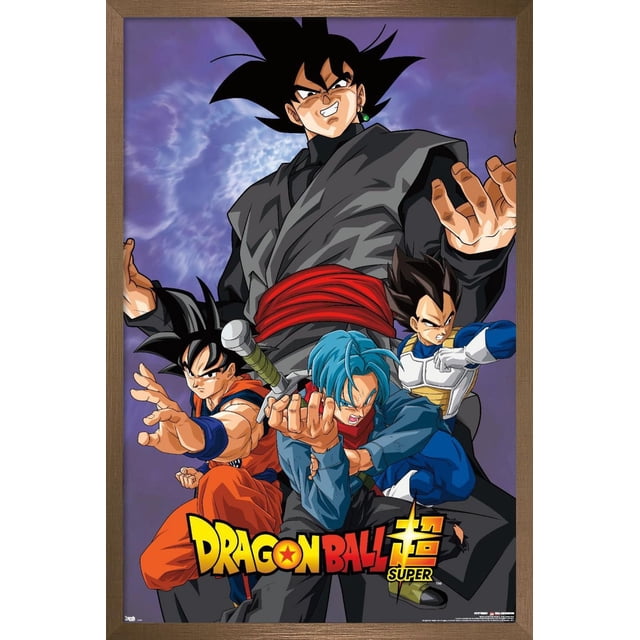 Dragon Ball: Super - Villain Wall Poster, 22.375" x 34" featuring four Dragon Ball Super characters in dynamic action poses against a purple cloudy background. The largest character wears a dark gray outfit with a red sash and green earring, standing behind three others: one in an orange gi reaching forward, one with blue hair holding a sword, and one in blue and white armor. The colorful Dragon Ball Super logo is at the bottom. Printed on glossy poster paper with vivid colors, suitable for home décor and fan collections.