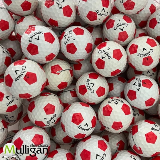 Mulligan - 100 Callaway Chrome Soft Truvis AAA recycled used golf balls in red, showing a close-up of white golf balls with red pentagon patterns and Callaway branding, ideal for eco-friendly golf practice and suitable for players of all skill levels.