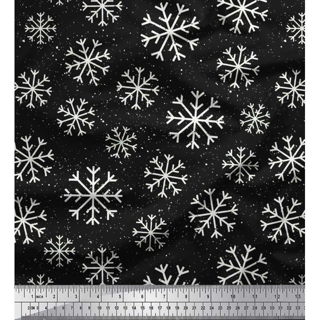 Soimoi Black Poly Georgette Fabric Snow Flakes Floral Print Sewing Fabric Yard 52 Inch Wide