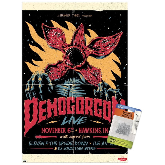 Netflix Stranger Things - Demogorgon Affiche Murale en Direct, 22,375 Pouces x 34 Pouces Encadrée, Représentant le Monstre Demogorgon à Bouche Ouverte Semblable à une Fleur et aux Dents Tranchantes sur Fond Noir avec des Flammes orange. l'Affiche Affiche un Texte Rouge Audacieux Annonçant un Événement en Direct le 6 Novembre à Hawkins, en, avec le Soutien de Eleven & the Upside Down, the A.V. Club, et DJ Jonath