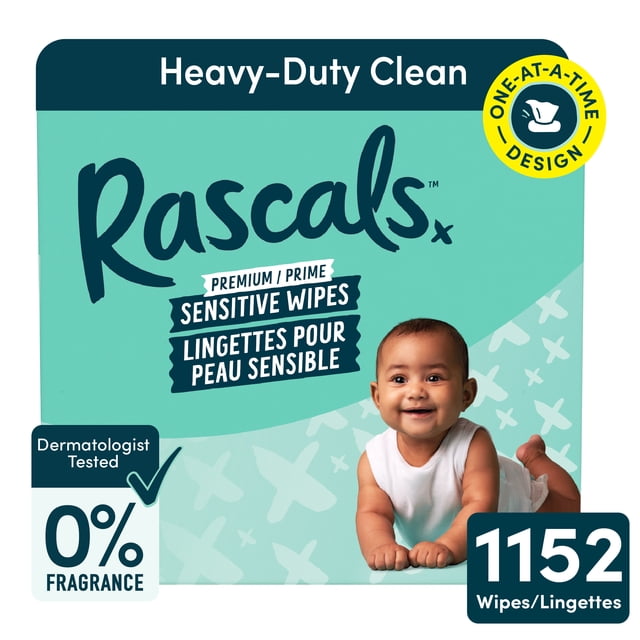 Rascals Premium Sensitive Alcohol Free Baby Wipes, Carton, 1152 Count, for Sensitive Skin