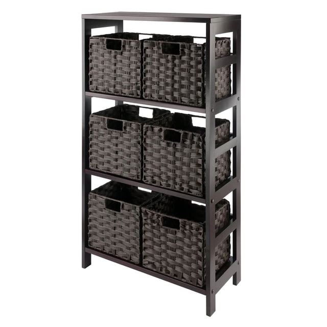Leo 7pc Storage Shelf with Basket Set featuring a three-tier solid wood shelf in espresso finish with six foldable woven polypropylene baskets in chocolate colour with cut-out handles, ideal for organized storage in home décor and wall display shelves, also suitable for storing seasonal accessories or office supplies.