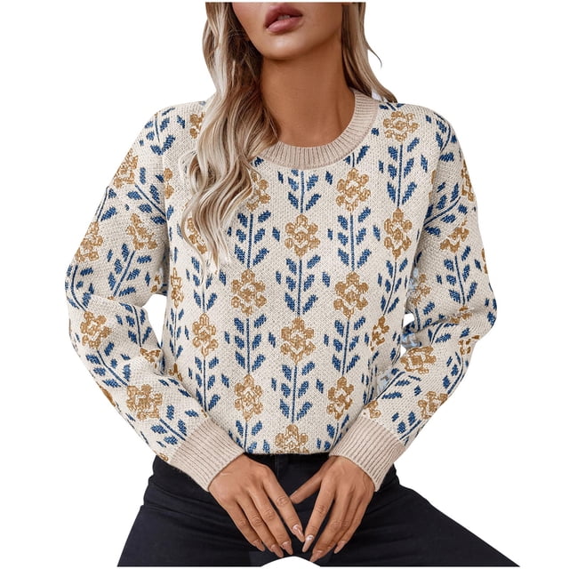 Penkiiy Chandail à Manches Longues à Col Rond pour Femme 2024 Automne Imprimé Mignon Ample Tricoté Chandail Hauts L Beige