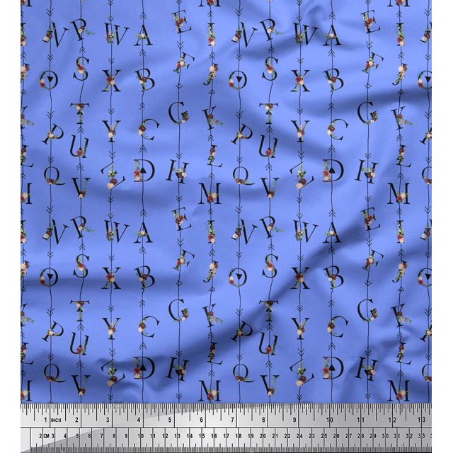 Soimoi Blue Heavy Satin Fabric Floral Alphabet Text Decor Fabric Printed Yard 56 Inch Wide