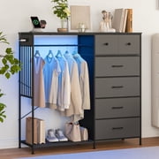 49.2" W Dresser for Bedroom with Hanging Rack, 6 Fabric Drawers Dresser with Clothes Rack, Wooden Top Storage Chest of Drawers with Charging Station & LED Lights, Grid Panel, Black