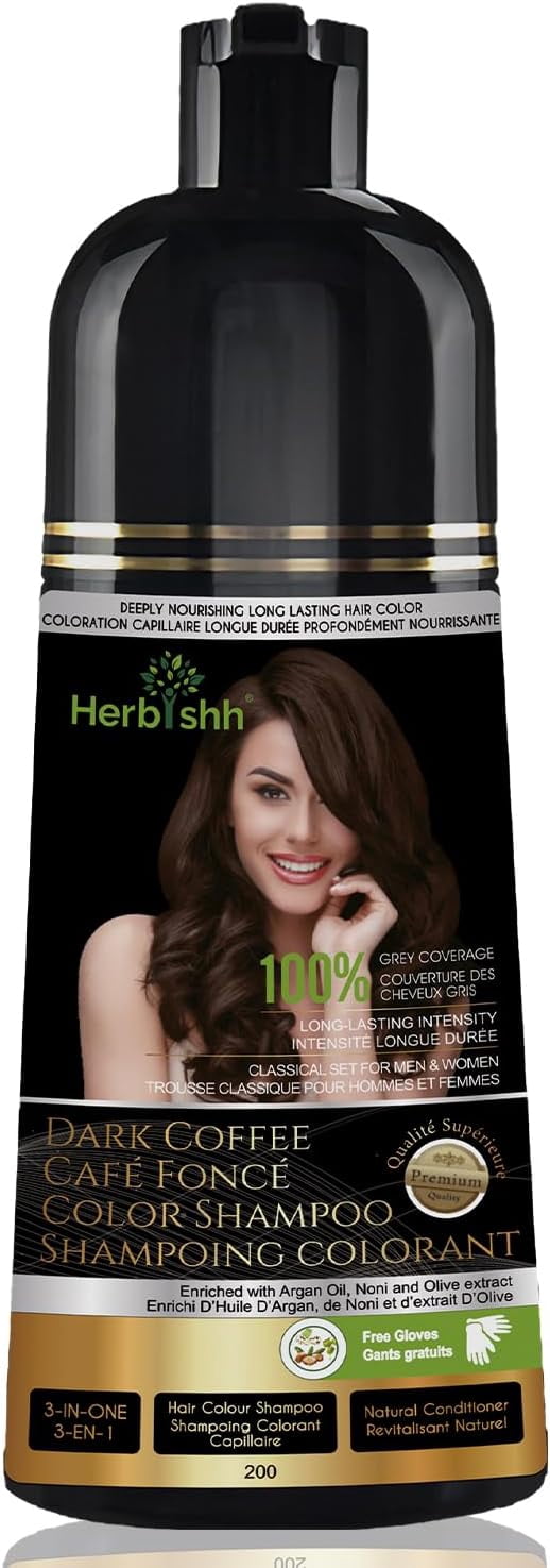 Herbishh Dark Coffee Shampoo 200 ml, Hair Dye Shampoo 3 in 1, 100