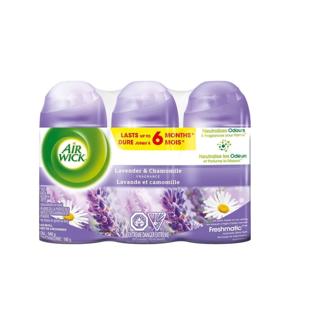 AirWick Freshmatic Air Freshener automatic spray refills in Lavender & Chamomile fragrance, pack of 3 with purple caps and floral design, neutralizing odors and providing continuous fragrance for up to 6 months in any room.