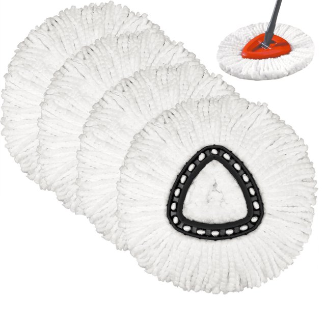 Spin Mop refill 4pcs White with four triangular microfiber mop head replacements made of 100% anti-abrasive microfibers. Compatible with O-Cedar and standard triangle spin mop systems, these durable, machine-washable mop heads are ideal for cleaning hard-surfaced floors such as laminate, hardwood, and tile. Suitable for wet and dry use, and versatile for car wash or glass cleaning.
