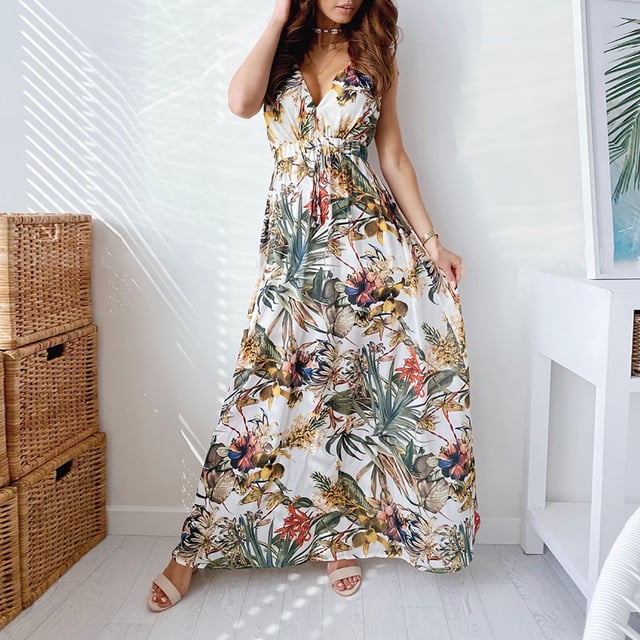 Aqestyerly Robe à Col en V pour Femmes Sans Manches Mi-Mollet Longue Robe Aguichant Dos Ouvert Design Imprimé Tenue Décontractée d'Été HWRETIE