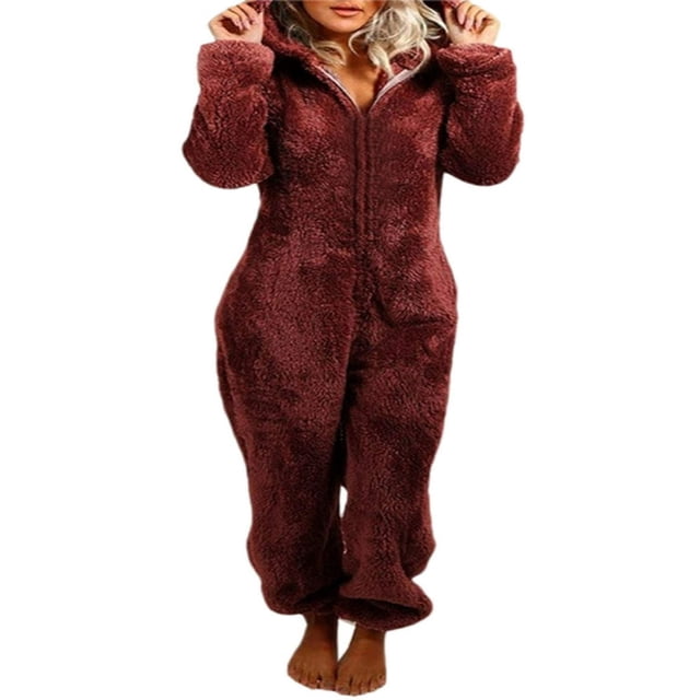 Womens Plush Romper Winter Pajamas Zipper High Neck Warm Hoodies