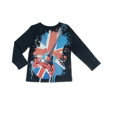 Kidsy Baby Boys Rockstar Graphic Printed Peruvian Cotton T-shirt – Long Sleeve, Crewneck, Navy, 12-18M