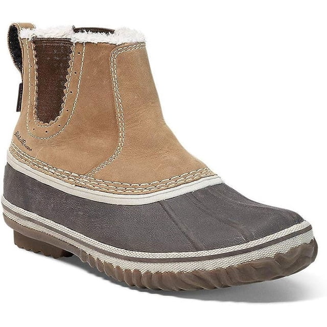 Eddie Bauer Bottes Hunt Pac pour Femmes Taille 9 de style à Enfiler, Mettant en Valeur une Tige en Cuir Beige avec des Coutures Détaillées, une section Inférieure en Caoutchouc Foncé durable et une Semelle Texturée pour une Adhérence Accrue. Ces Bottes Offrent un Intérieur Doublé en Molleton et des Panneaux Latéraux Élastiques pour le Confort et la Commodité, Parfaites pour l'Hiver et les Activités de Plein Air.