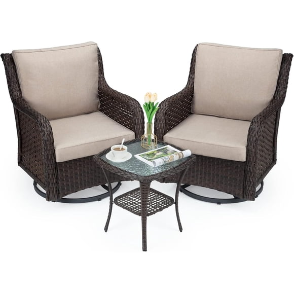 Ourlova PioneerWorks Chaises de Patio Pivotantes en Osier pour l'Extérieur avec Table Ensemble 3 Pcs Ensemble Bistro d'Extérieur avec Coussins de 4” d'Épaisseur et Table à Café pour Porche Balcon Terrasse (Beige)