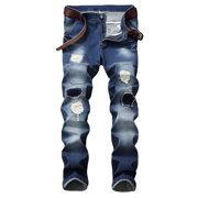 DDAPJ pyju Vintage Ripped Frayed Jeans for Men Personality Patch Slim Fit Jeans Distressed Destroyed Slim Fit Jeans Lightweight Stretchy Soft Jeans
