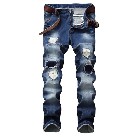 DDAPJ pyju Men's Slim Fit Biker Jeans 2024 Fashion Ripped Distressed Denim Pants Vintage Destroyed Skinny Jean Pants Straight Leg Moto Jeans Hip Hop Trousers Streetwear Blue M