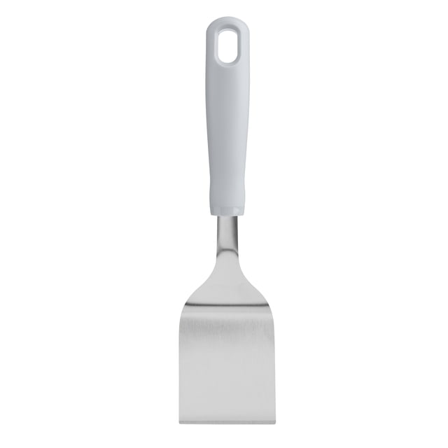 Mainstays Stainless Steel Dessert Spatula in grey with a flat rectangular stainless steel blade featuring dual serrated edges and a smooth grey plastic handle with a hanging hole, dishwasher safe and ideal for cutting and serving brownies and bars.