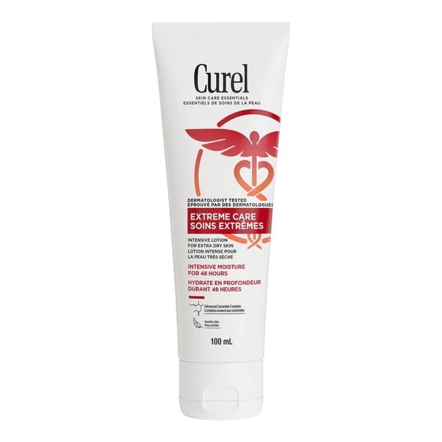 Curel® Extreme Care Intensive Moisturizer travel hand and body lotion in a white 100mL tube with red and black text, formulated for extra-dry skin with Advanced Ceramide Complex to strengthen moisture barrier and provide 48-hour hydration, dermatologist tested and non-greasy, suitable for on-the-go skin relief.