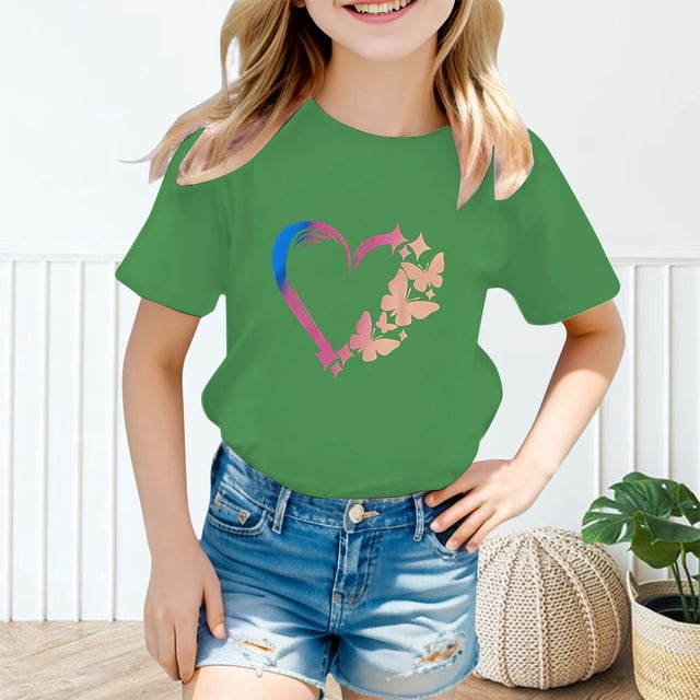 Hauts Filles T-Shirts Chemises Enfants Mignon Graphique Col Rond Manches Courtes Été Décontracté Chemise Hauts pour Filles