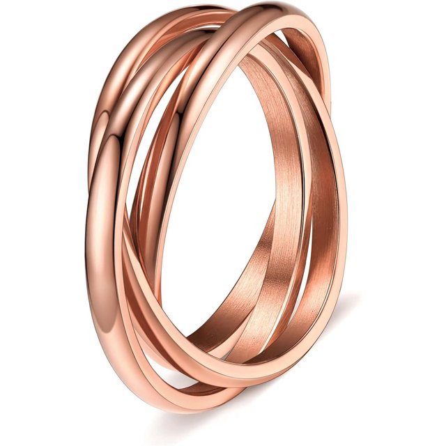 ORUYROP Women Triple Interlocked Rolling Ring, Delicate Looking, Stainless Steel/Gold Plated/Black (Send Gift Box)