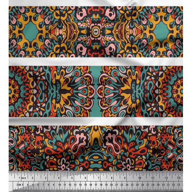 Soimoi Silk Fabric Stripe & Mandala Kaleidoscope Printed Craft Fabric by The Yard 42 Inch Wide
