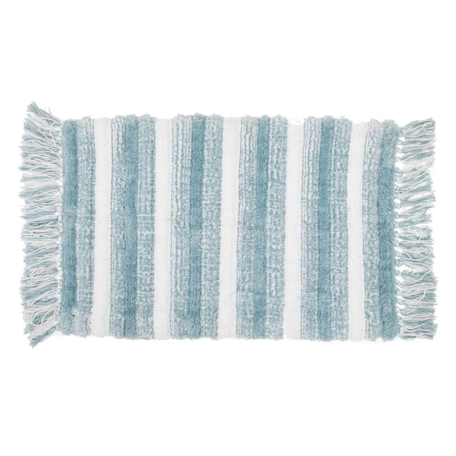 Microfibre Striped Bath Mat With Fringe Blue 20X32 with vertical blue and white stripes in textured polyester microfiber, featuring fringed ends, ideal as a bathroom accessory and suitable for kitchen or living room use.