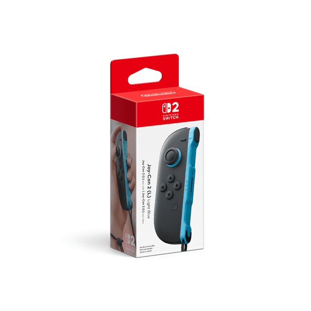 Joy-ConTM 2 (L) Manette Nintendo Switch Bleu Pâle dans un Emballage de Vente au Détail Montrant la Manette Gauche avec devant Noir et Côté Bleu Pâle, avec le Bouton de Capture et le joystick, compatible avec le Système Nintendo Switch 2.