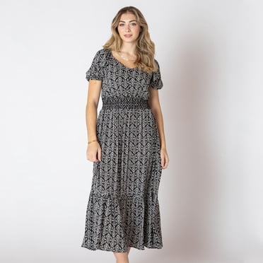 Devoted Calf length floral dress with short ruffled sleeves